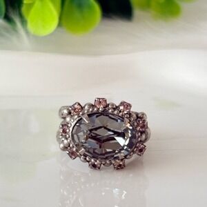 Sorrelli Cocktail Ring Gray Crystal Oval Halo with Pink Accent Crystals